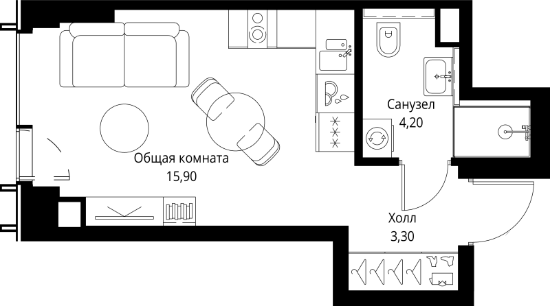 Студия 24 м²