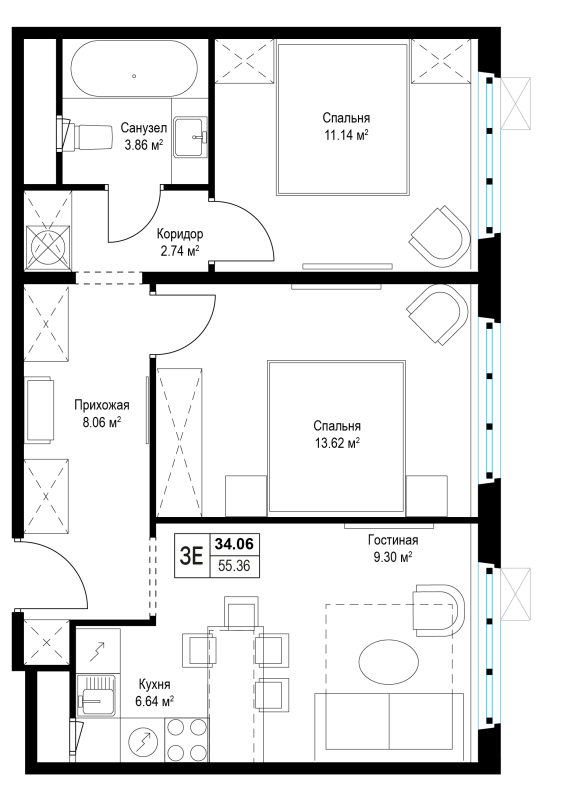 3 ккв (Евро) 55,4 м²
