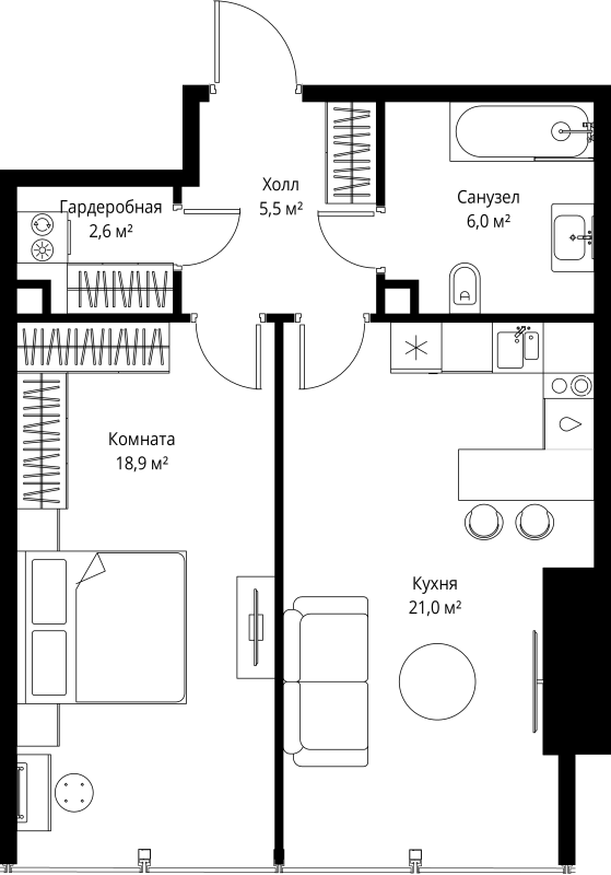 2 ккв (Евро) 54 м²