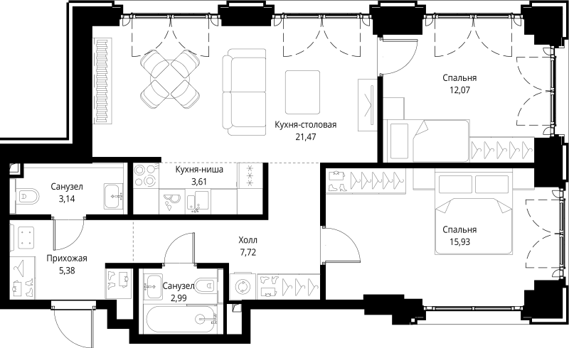 3 ккв (Евро) 72,3 м²