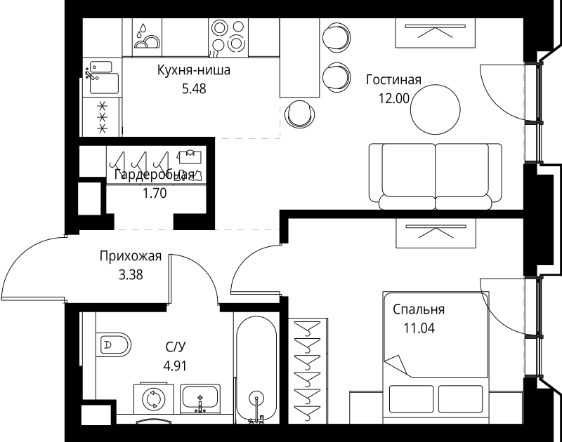 2 ккв (Евро) 38,5 м²