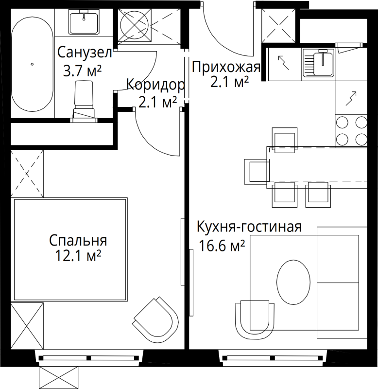 2 ккв (Евро) 36,6 м²