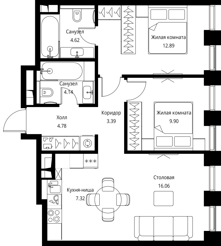 3 ккв (Евро) 63,1 м²