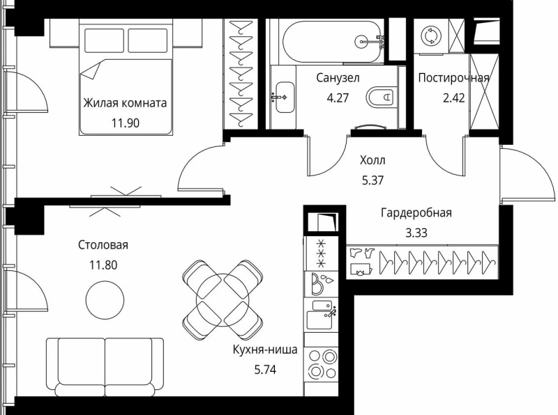 2 ккв (Евро) 44,8 м²
