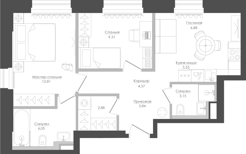 3 ккв (Евро) 70,3 м²