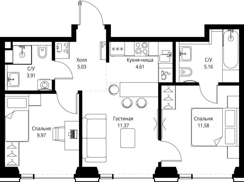 3 ккв (Евро) 51,6 м²