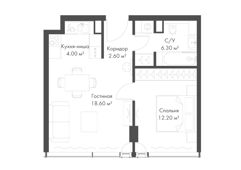 2 ккв (Евро) 43,7 м²