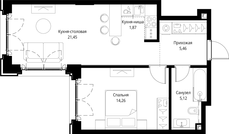 2 ккв (Евро) 48,2 м²