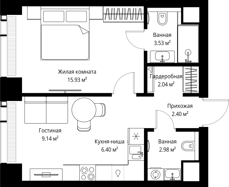 2 ккв (Евро) 42,4 м²