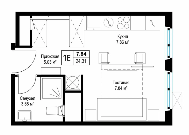 Студия 24,3 м²