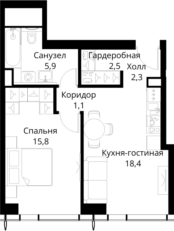 2 ккв (Евро) 46 м²