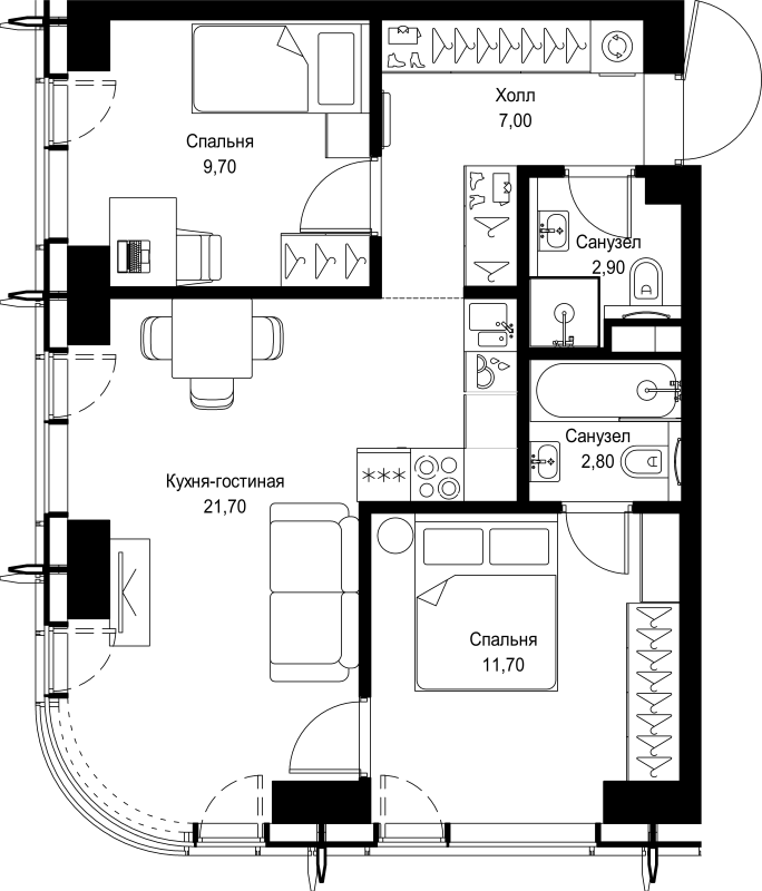 3 ккв (Евро) 55,8 м²
