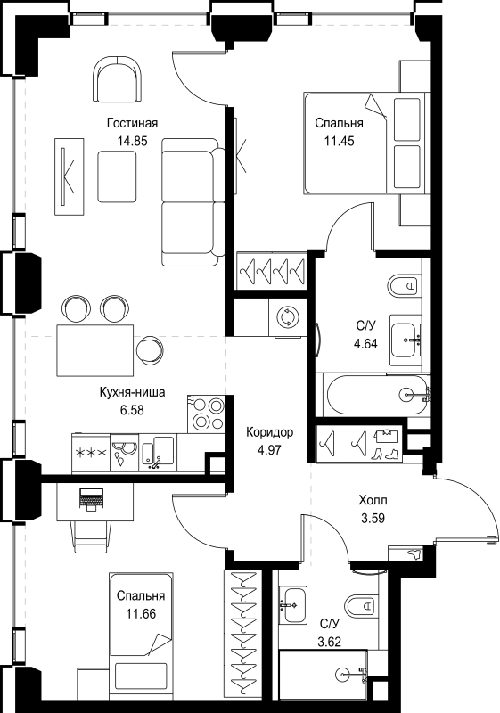 3 ккв (Евро) 61,4 м²