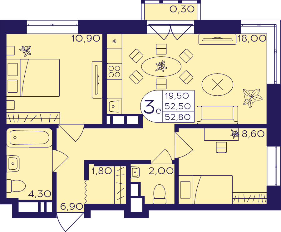 3 ккв (Евро) 52,8 м²