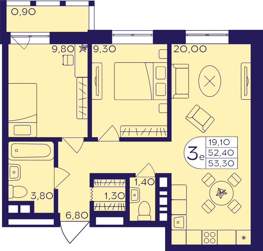 3 ккв (Евро) 53,3 м²