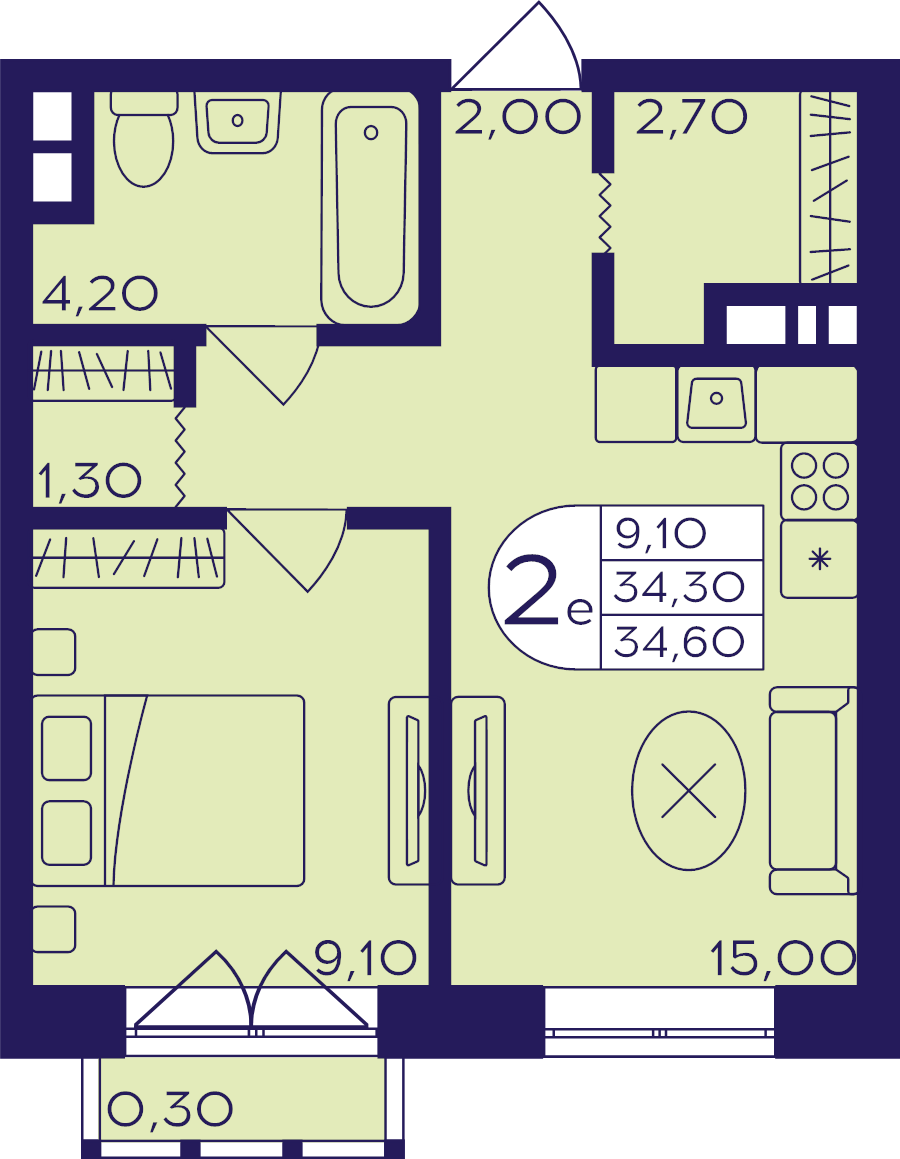 2 ккв (Евро) 34,6 м²