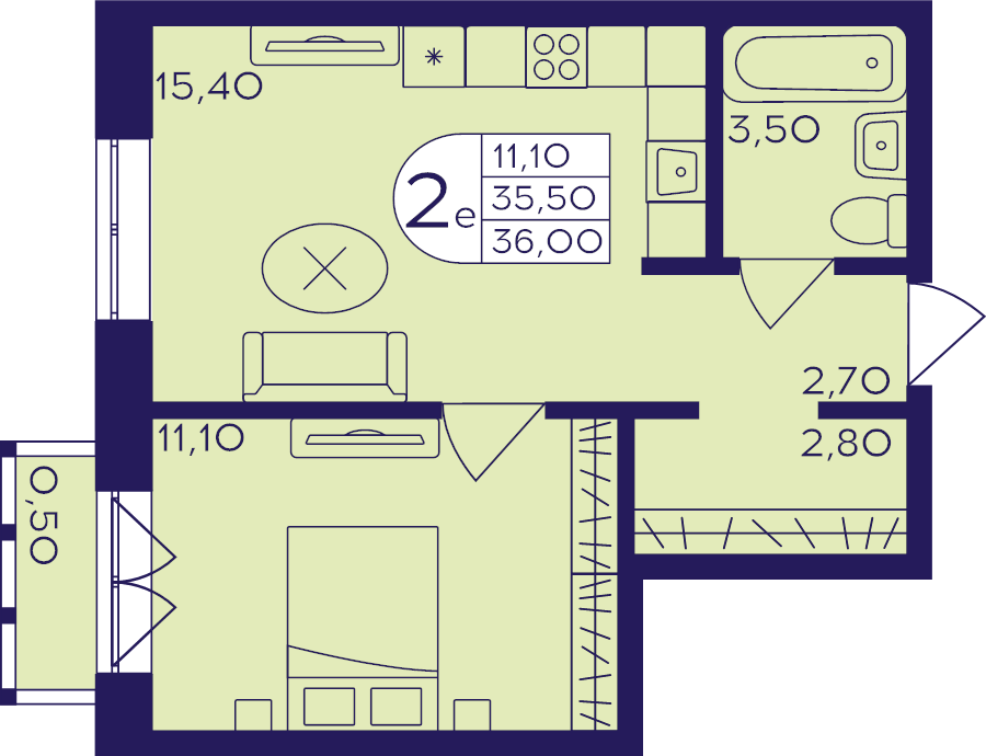 2 ккв (Евро) 36 м²