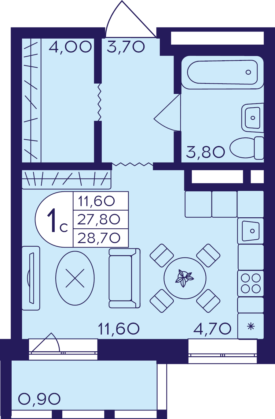 Студия 28,7 м²