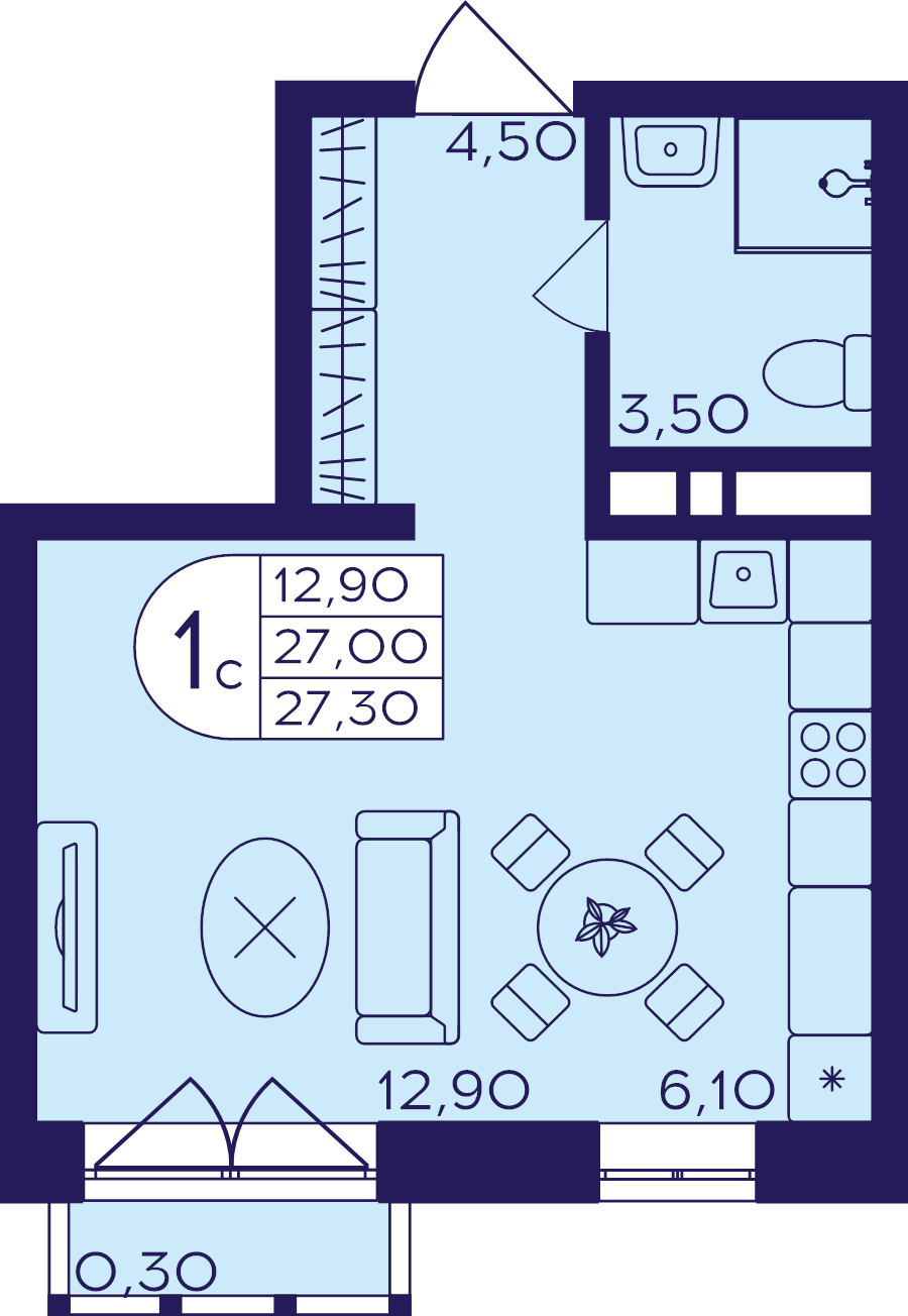 Студия 27,3 м²