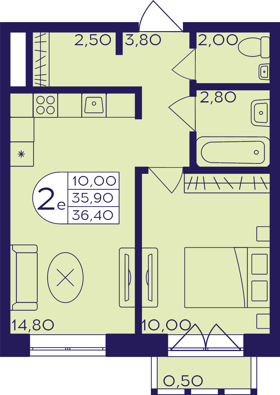 2 ккв (Евро) 36,4 м²