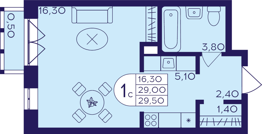Студия 29,5 м²