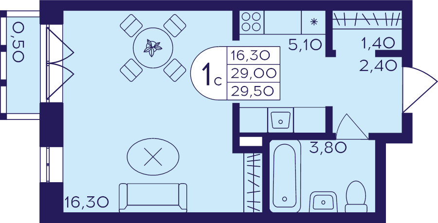 Студия 29,5 м²