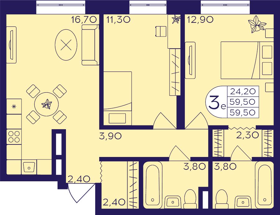 3 ккв (Евро) 59,5 м²
