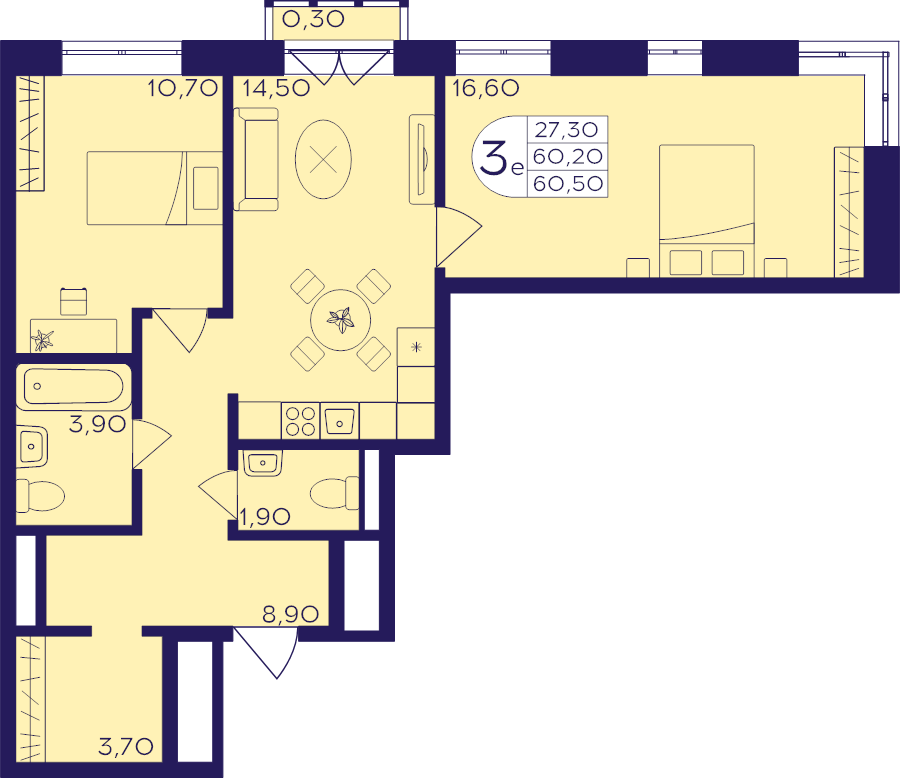 3 ккв (Евро) 60,5 м²