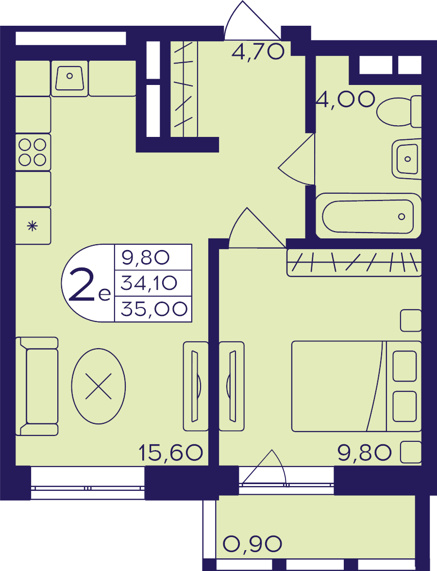 2 ккв (Евро) 35 м²