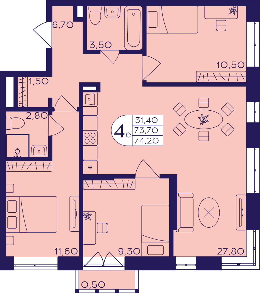 4 ккв (Евро) 74,2 м²