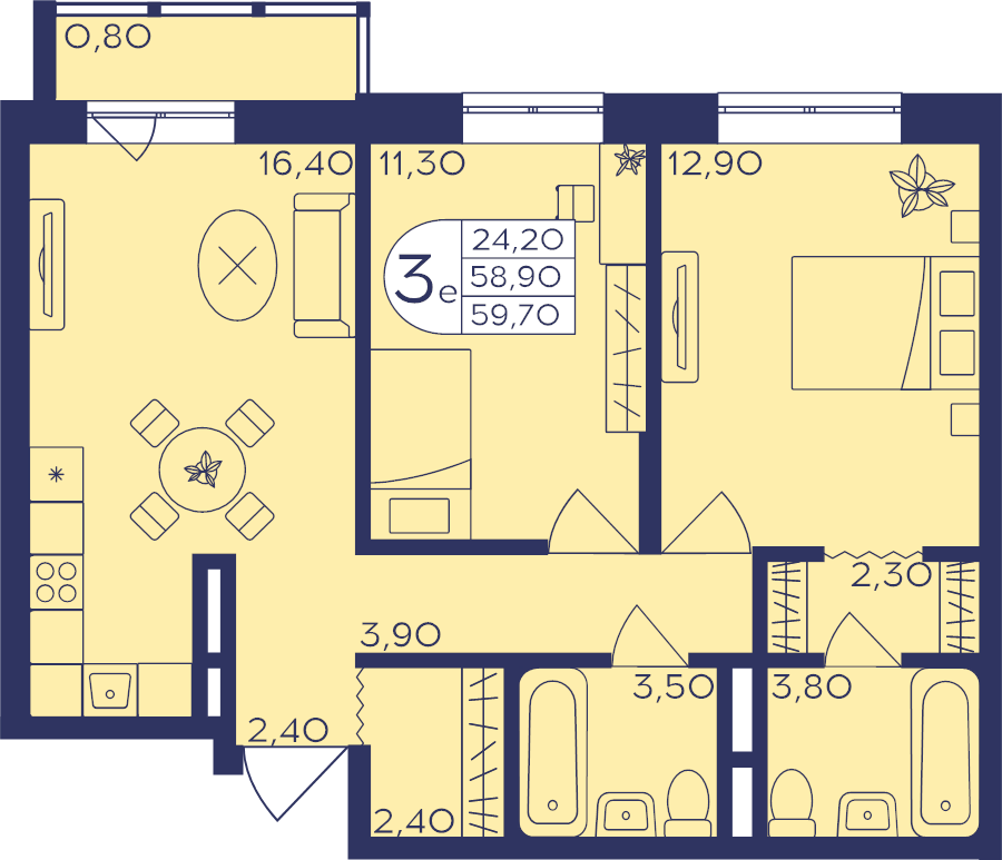 3 ккв (Евро) 59,7 м²