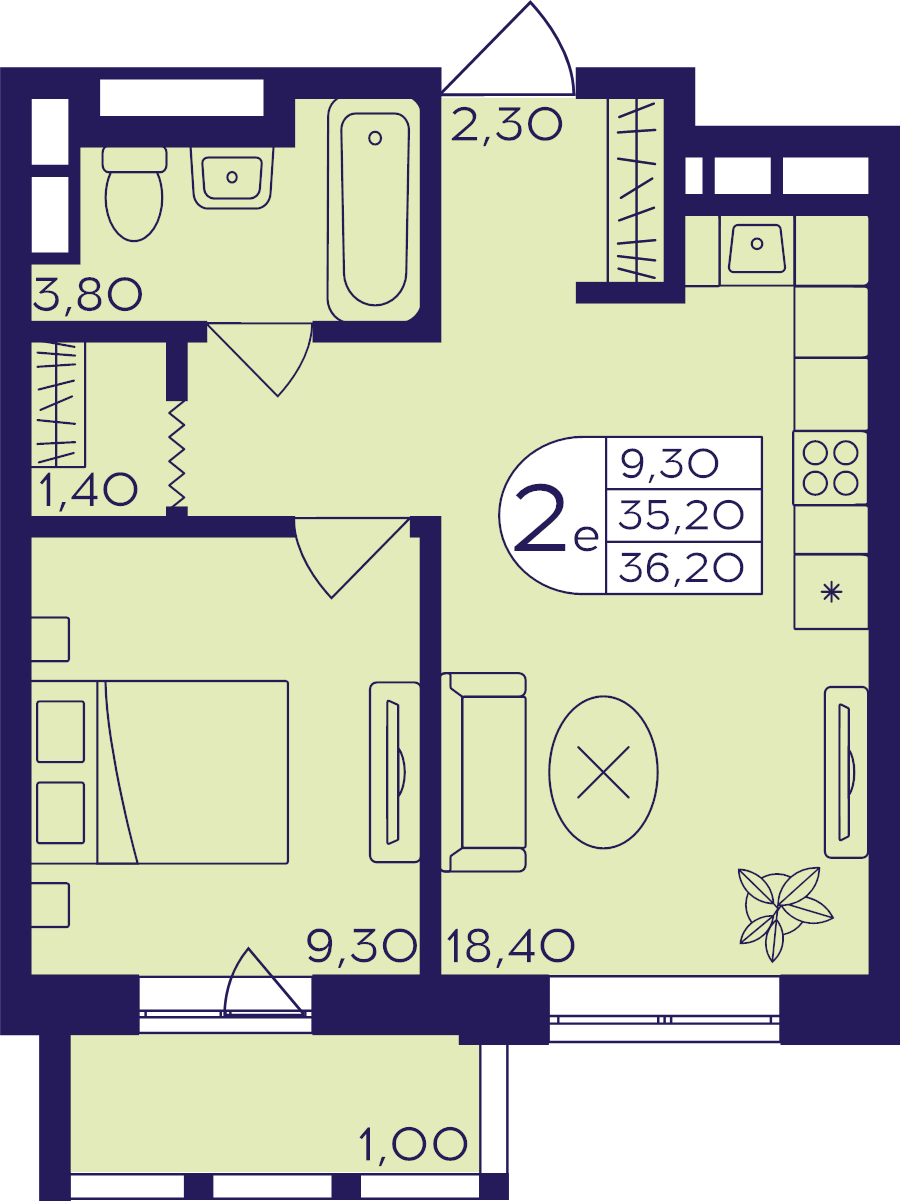 2 ккв (Евро) 36,2 м²