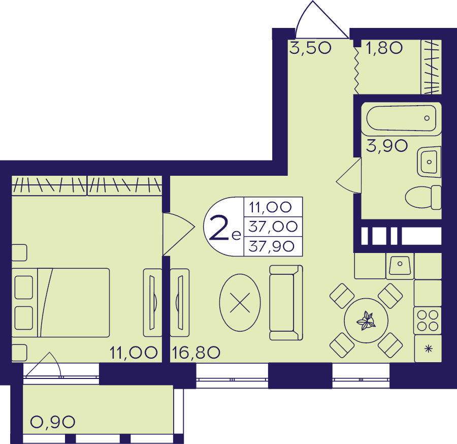 2 ккв (Евро) 37,9 м²