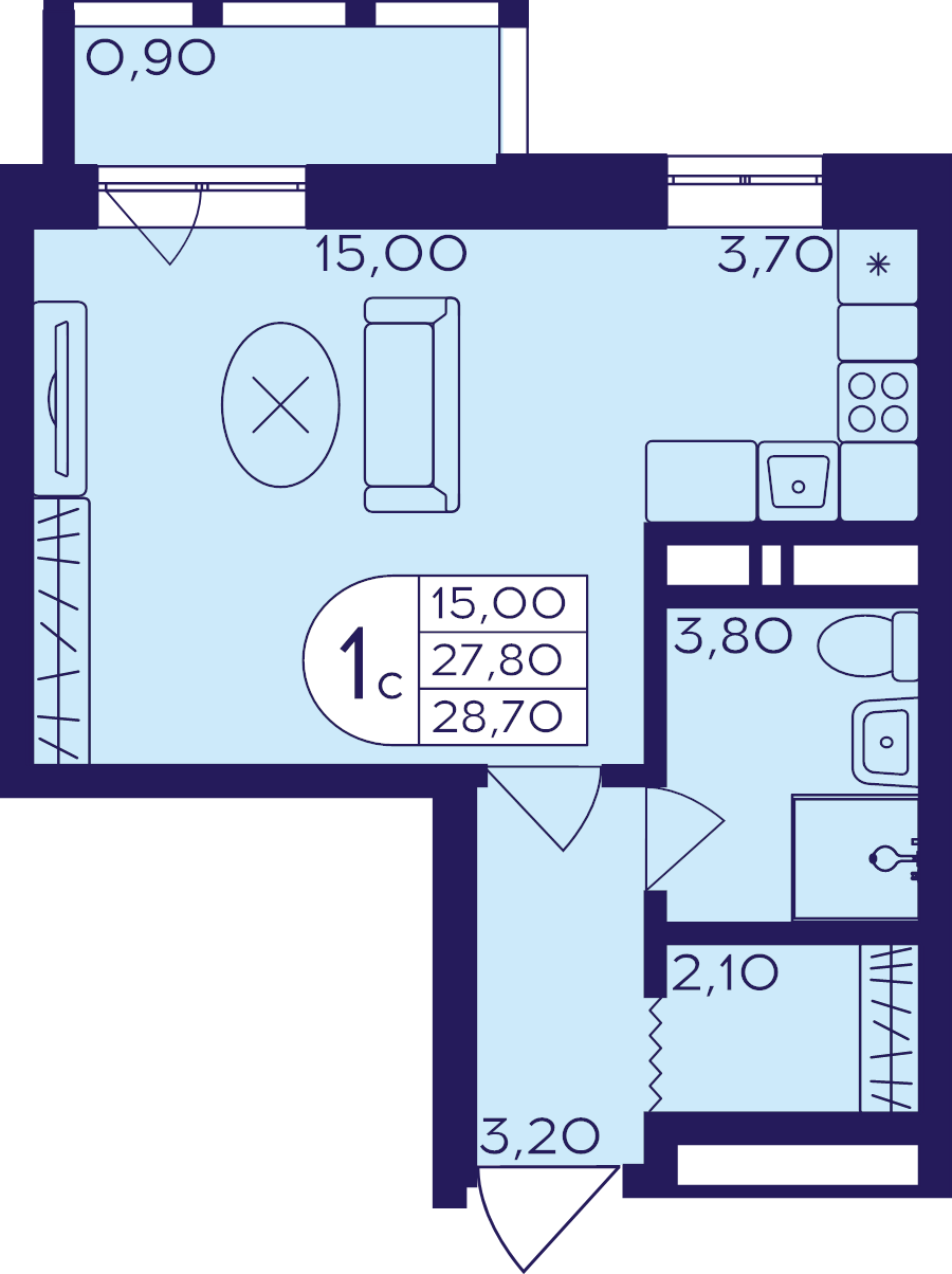 Студия 28,7 м²