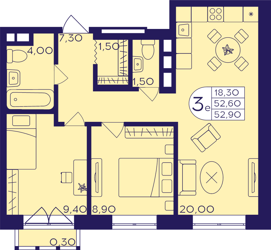3 ккв (Евро) 52,9 м²