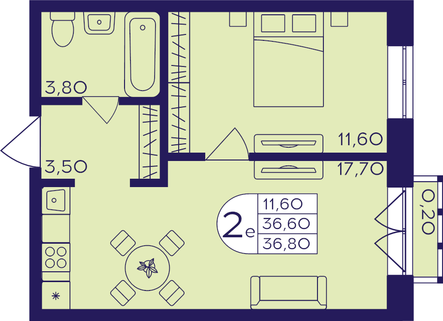 2 ккв (Евро) 36,8 м²