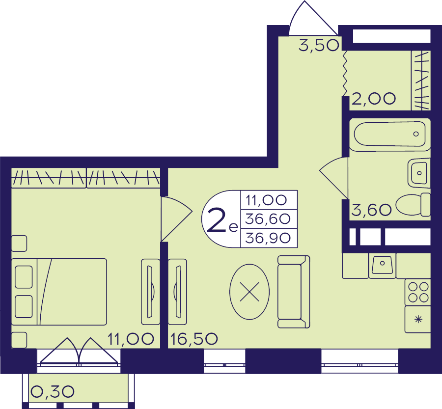 2 ккв (Евро) 36,9 м²