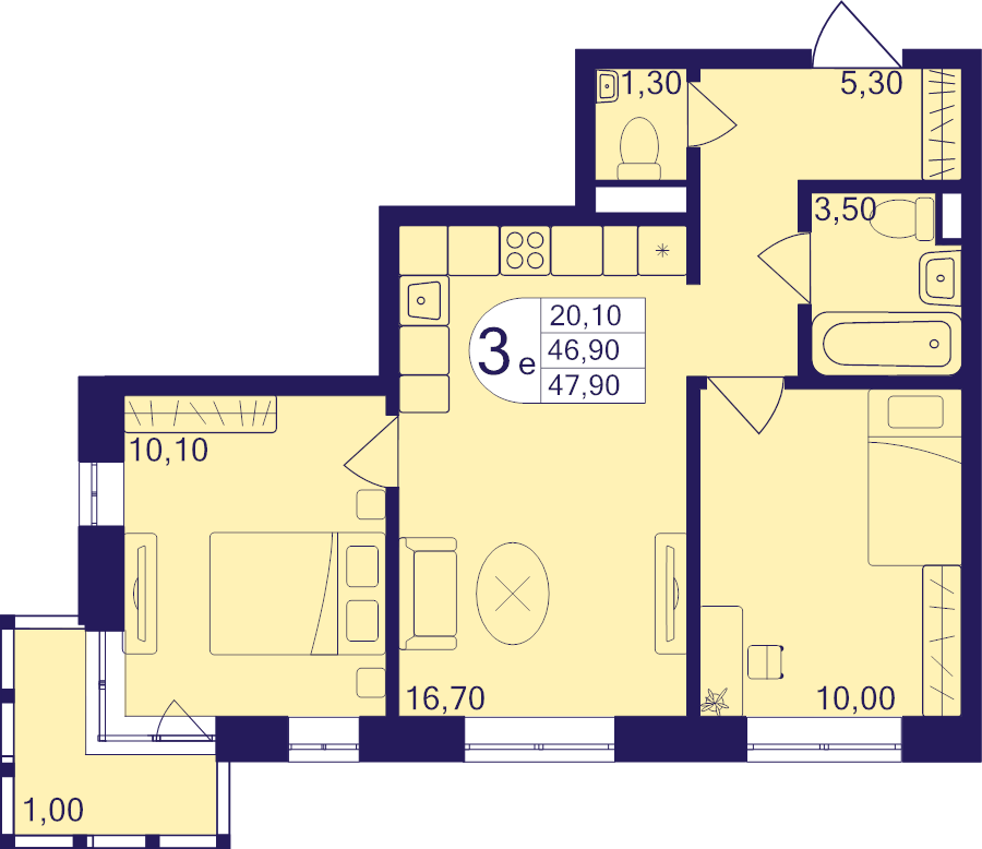 3 ккв (Евро) 47,9 м²