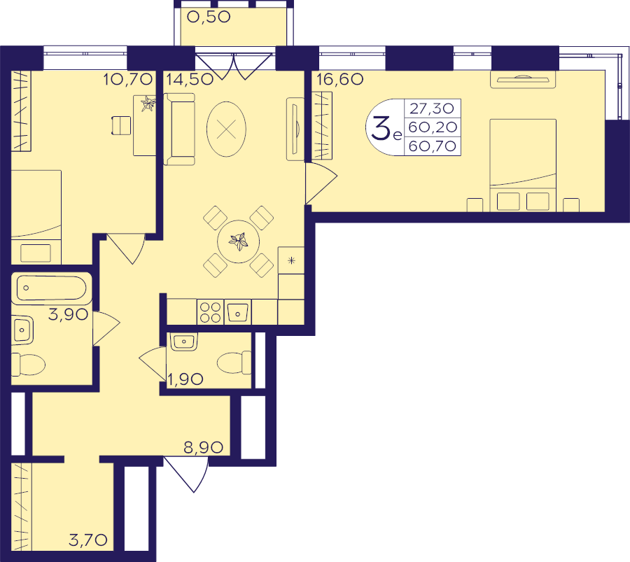 3 ккв (Евро) 60,7 м²