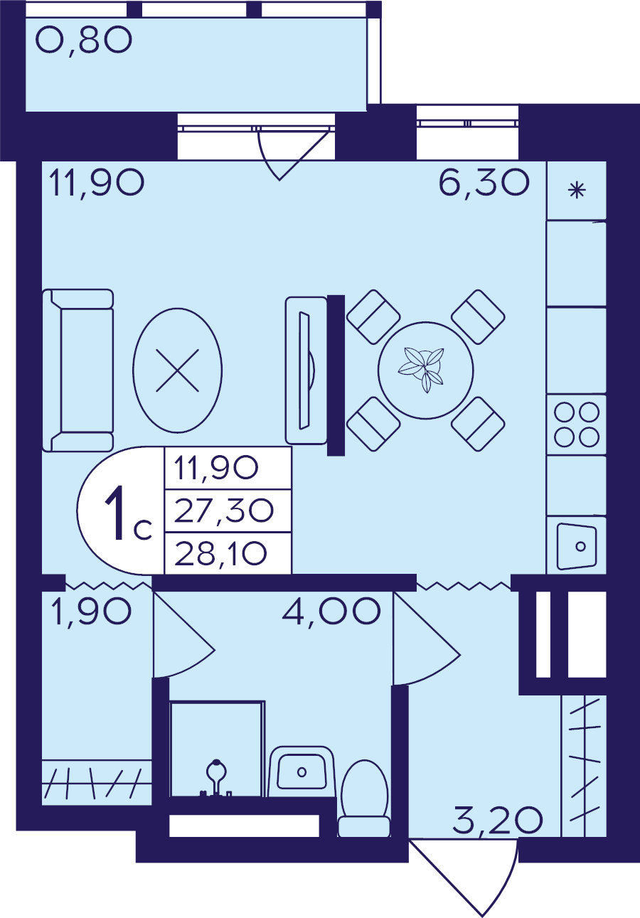 Студия 28,1 м²
