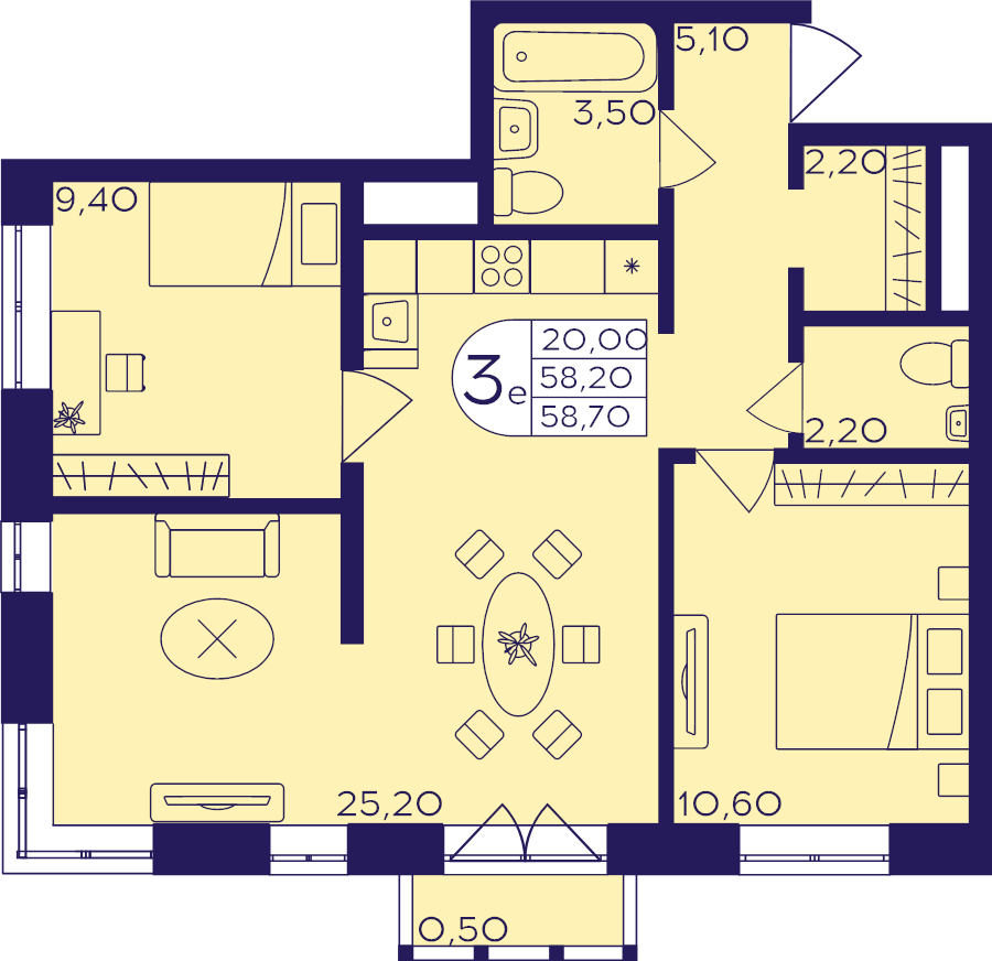 3 ккв (Евро) 58,7 м²
