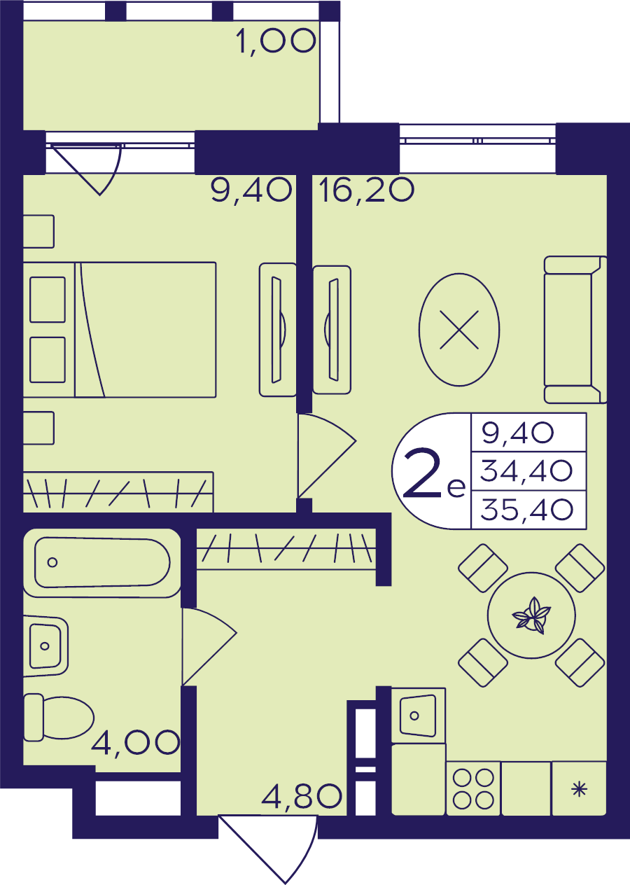 2 ккв (Евро) 35,4 м²