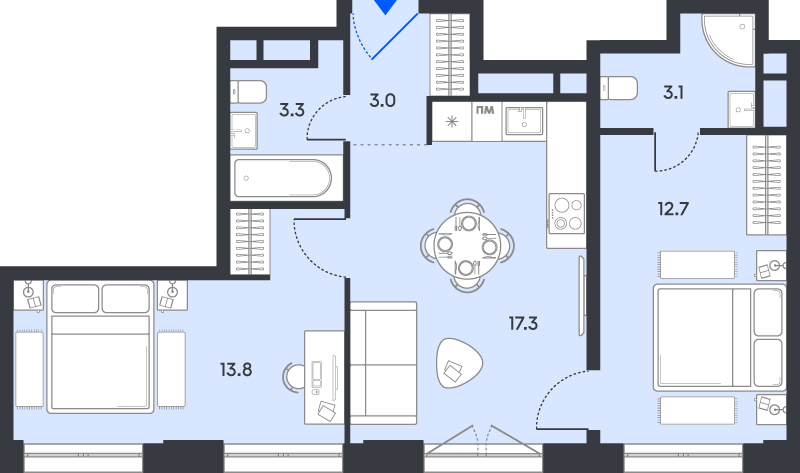 3 ккв (Евро) 53,2 м²