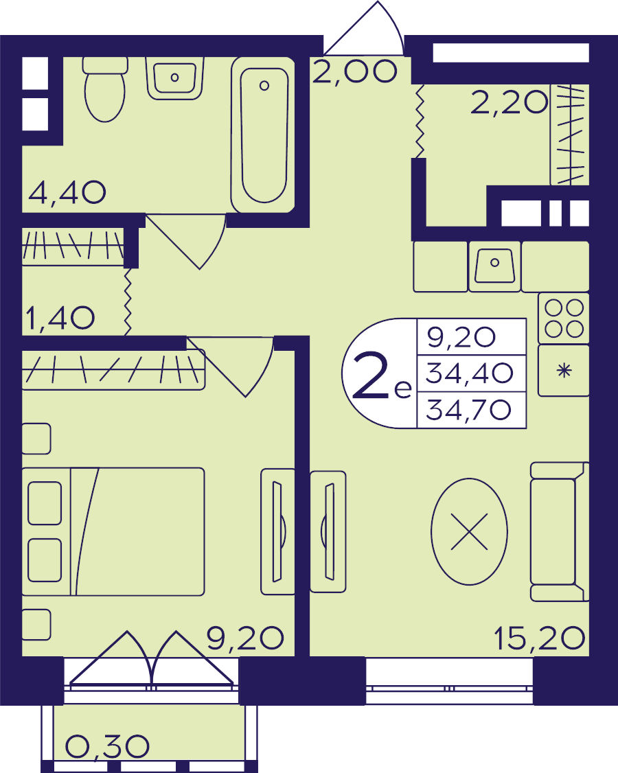 2 ккв (Евро) 34,7 м²