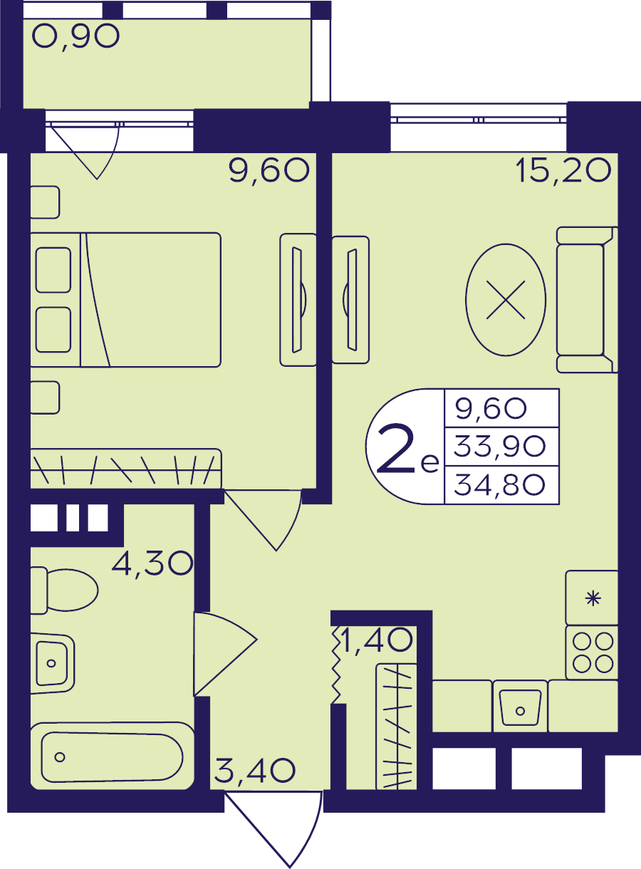 2 ккв (Евро) 34,8 м²