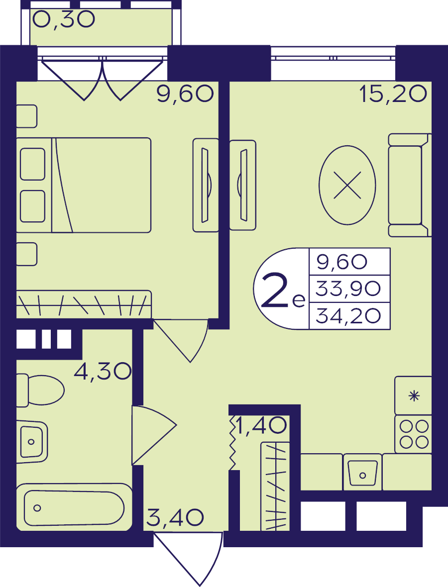 2 ккв (Евро) 34,2 м²