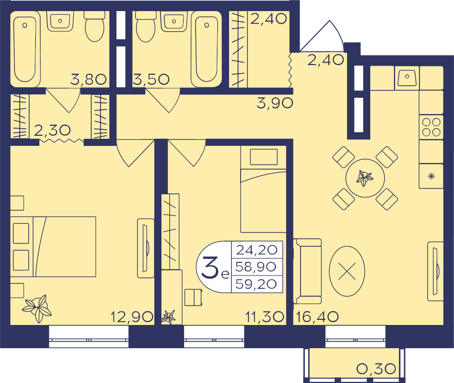 3 ккв (Евро) 59,2 м²