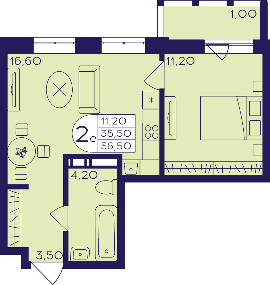 2 ккв (Евро) 36,5 м²