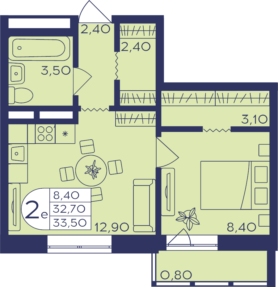 1 ккв 33,5 м²