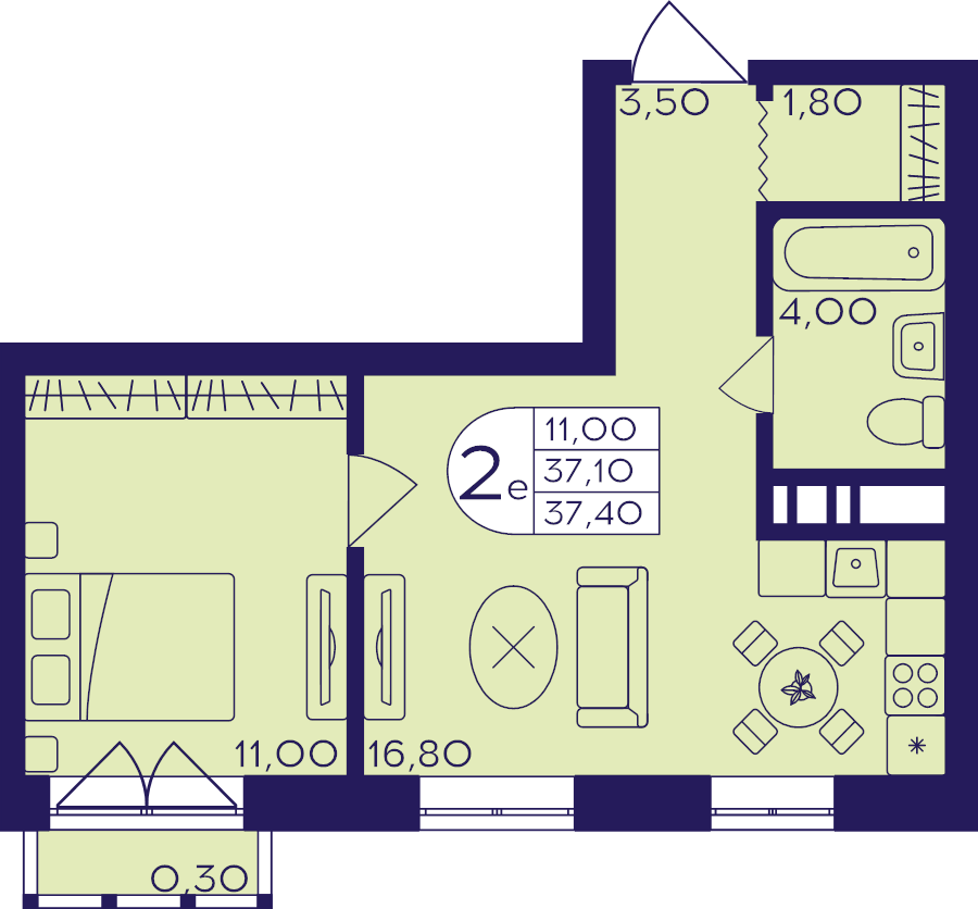 2 ккв (Евро) 37,4 м²